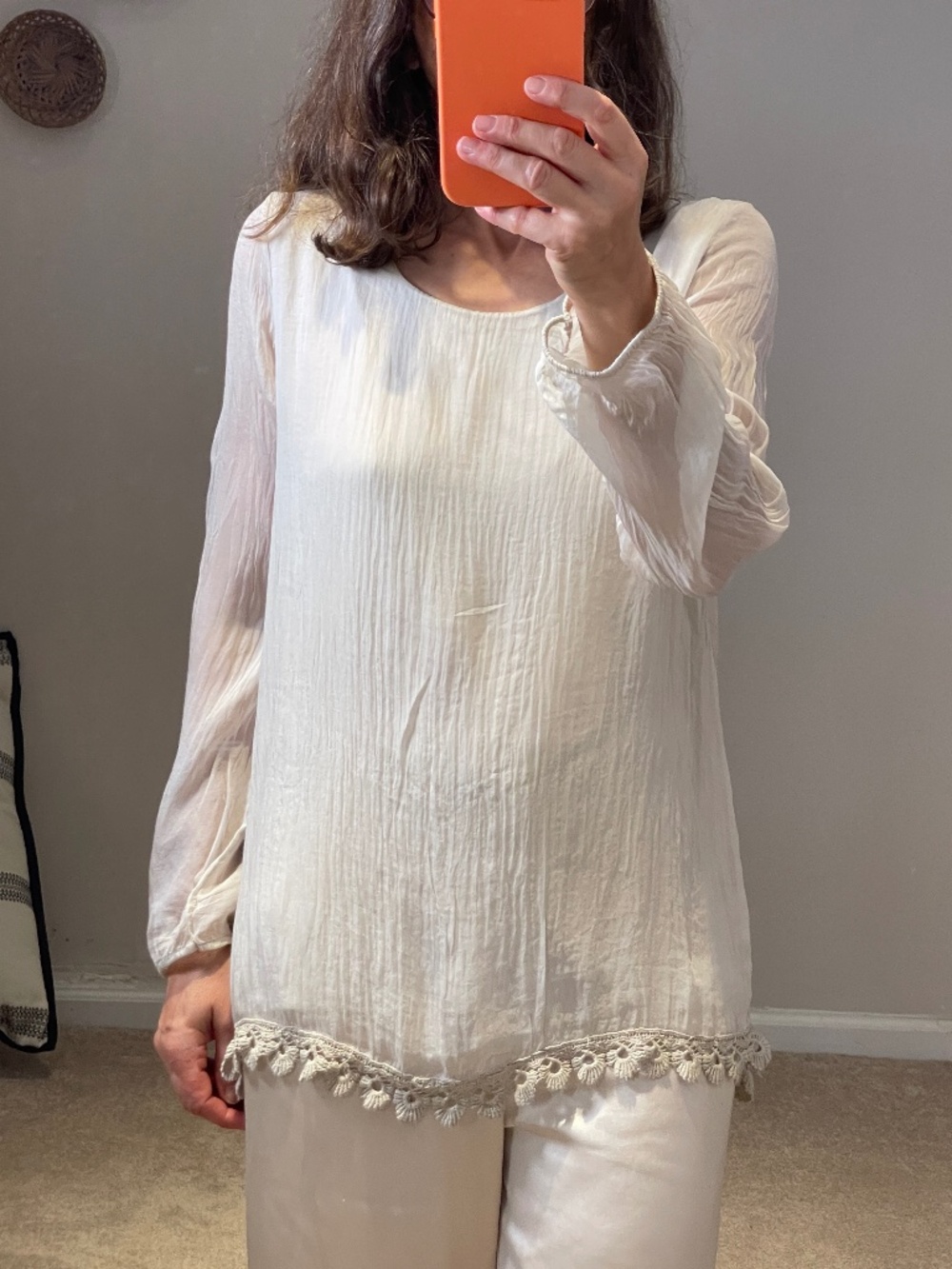 Carla Conti silk long sleeve beige blouse - S - crochet details -made in Italy